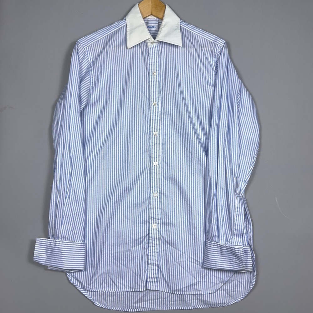 Drakes Striped Dress‎ Shirt Mens Size 15.5 Cotton Spread Collar Blue Preppy